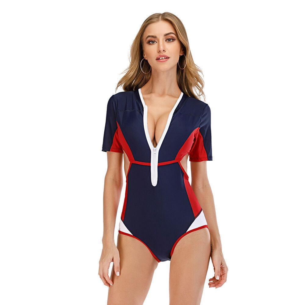 Short Sleeve One Piece Rash Guard Swimwear-STYLEGOING