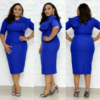 Womens Plus Size Ruffle Midi Bodycon Dress-STYLEGOING