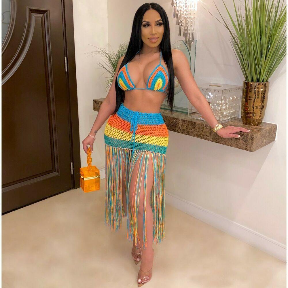 Beach Cover Up Rainbow Tassel 2PCS/Set-STYLEGOING