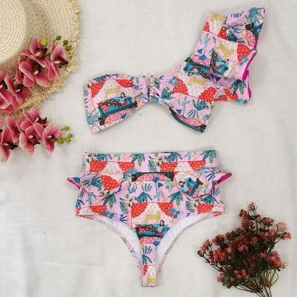 One Shoulder High Waist Bra Bikini Set-STYLEGOING