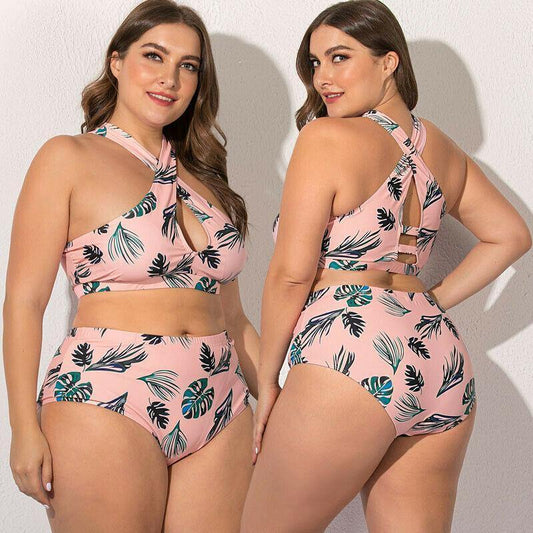 Plus Size High Waist Halter Bra Bikini Set-STYLEGOING
