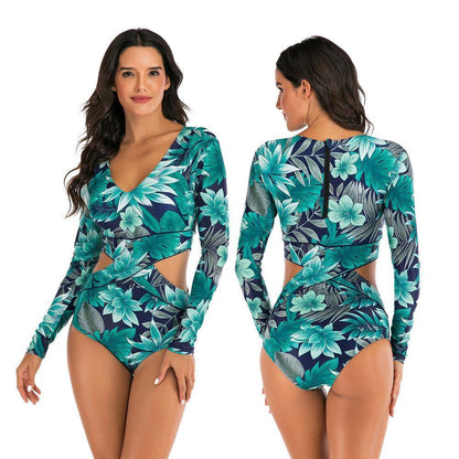 Long Sleeve One Piece Rash Guard Swimsuit-STYLEGOING