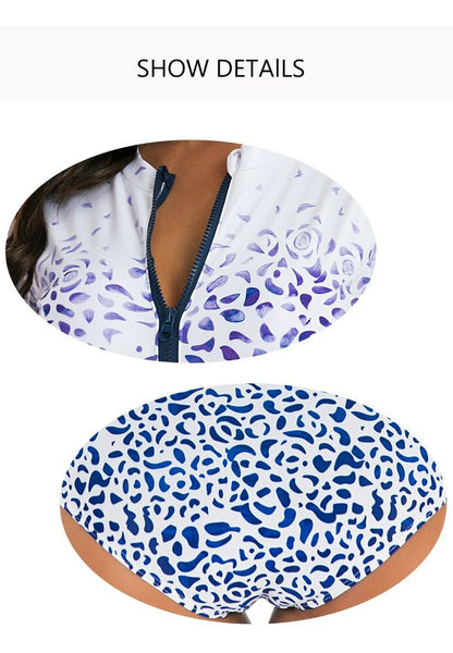 Long Sleeve Zip Front Rash Guard Swimsuit-STYLEGOING