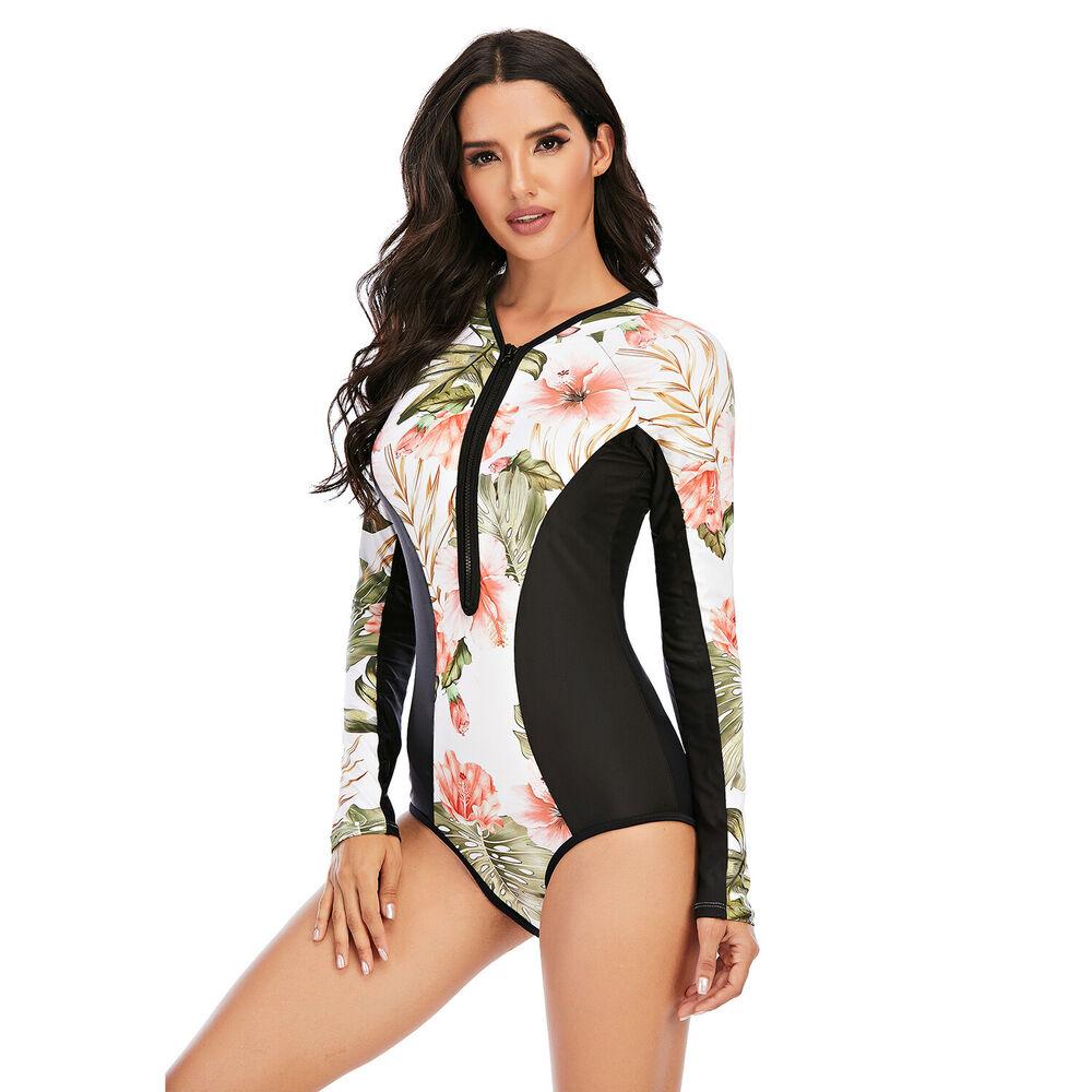 Women Zip Front Long Sleeve One Piece Swimsuit-STYLEGOING