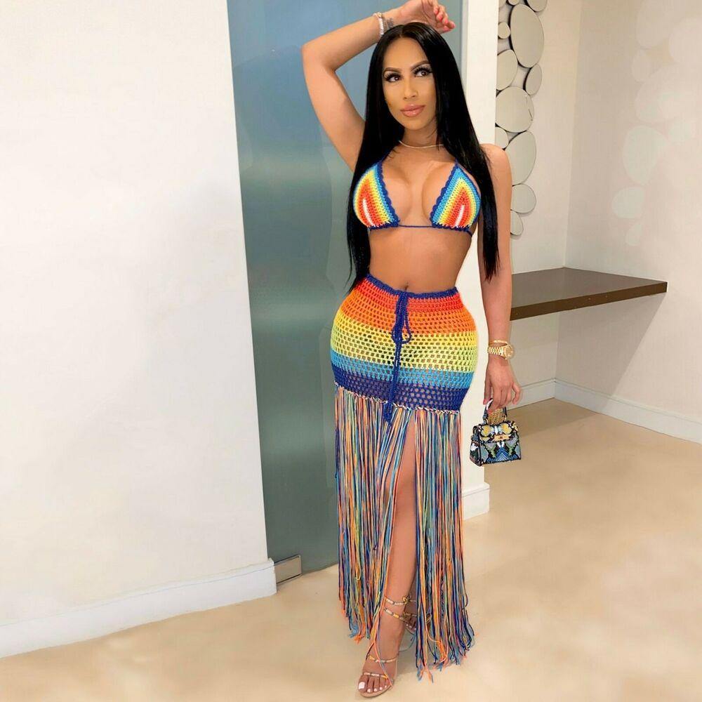 Beach Cover Up Rainbow Tassel 2PCS/Set-STYLEGOING