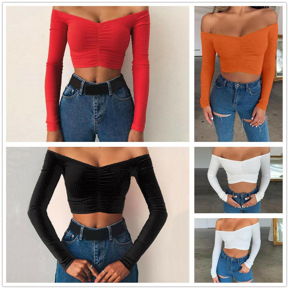 Sexy Slim Off Shoulder Crop Tops-STYLEGOING