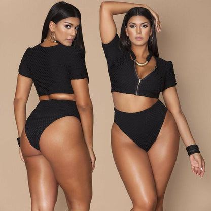 Plus Size High Waist Zipper Swimsuit-STYLEGOING