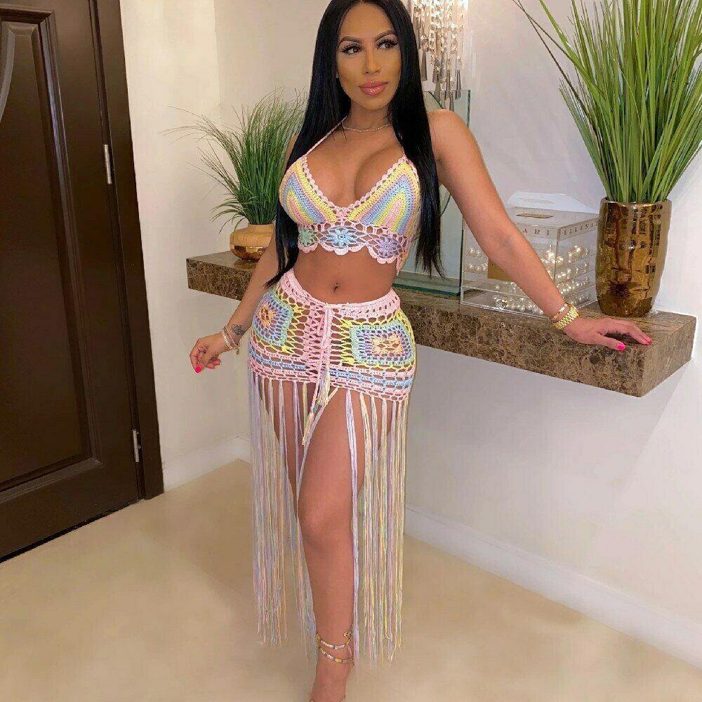 Beach Cover Up Rainbow Tassel 2PCS/Set-STYLEGOING