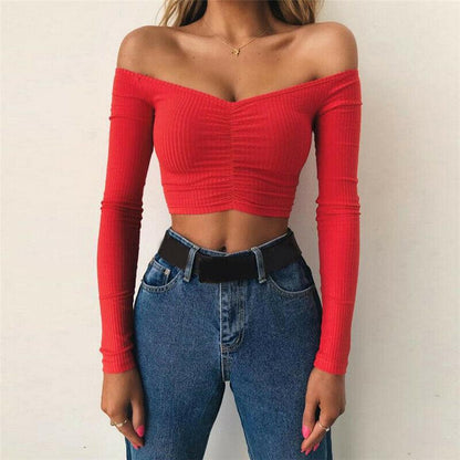 Sexy Slim Off Shoulder Crop Tops-STYLEGOING