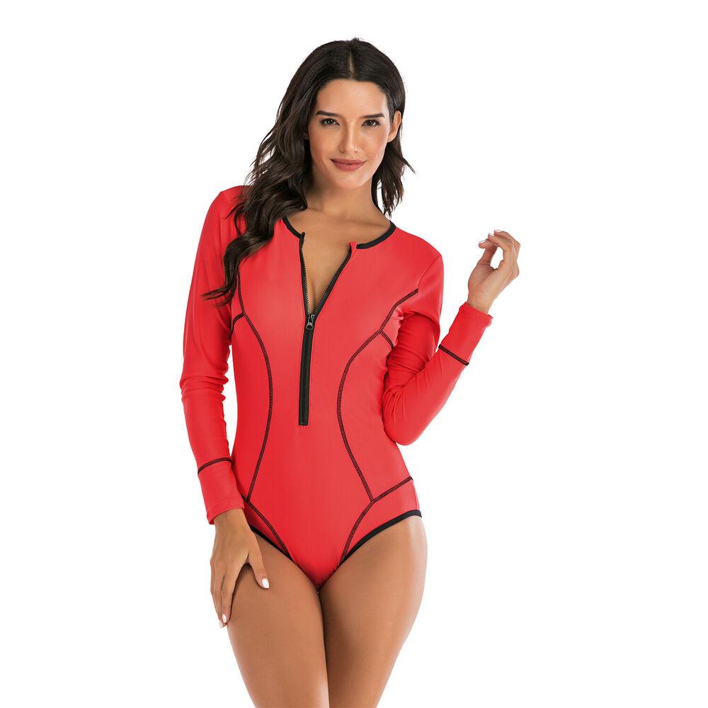 Red Long Sleeves One Piece Swimsuit-STYLEGOING