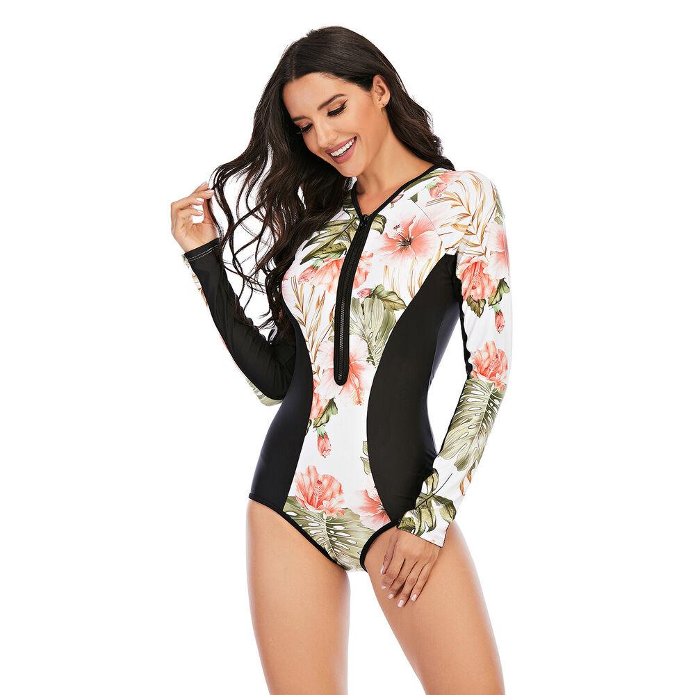 Women Zip Front Long Sleeve One Piece Swimsuit-STYLEGOING
