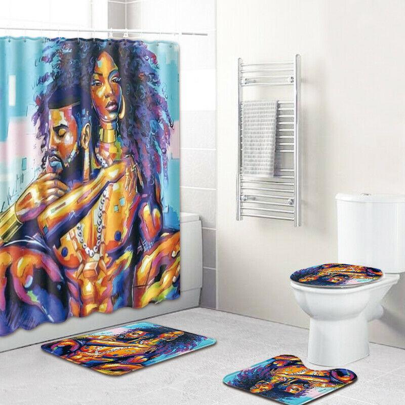 African Woman Shower Curtain Bathroom Rug Set Bath Mat Non-Slip Toilet Lid Cover-STYLEGOING