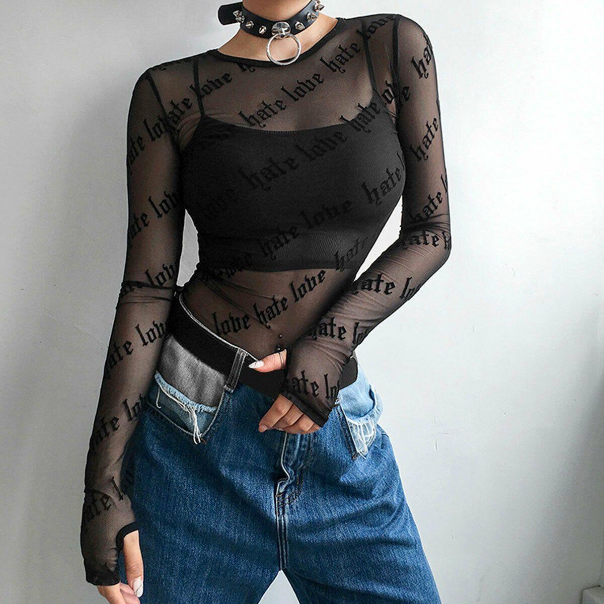 Black See Through Long Sleeves T Shirt-STYLEGOING