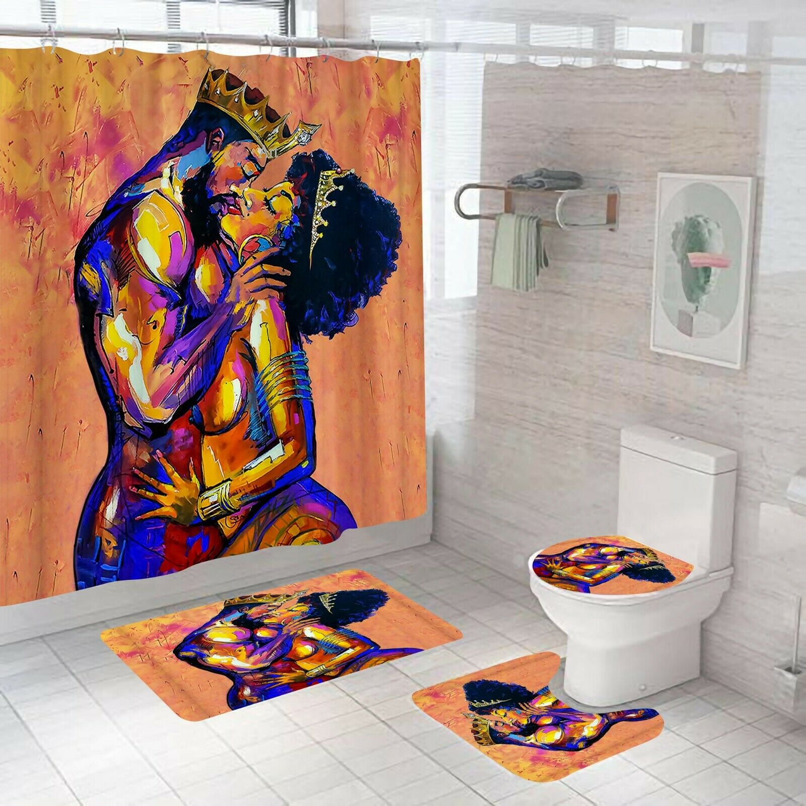 African Woman Shower Curtain Set Bathroom Rug Bath Mat Non-Slip Toilet Lid Cover-STYLEGOING