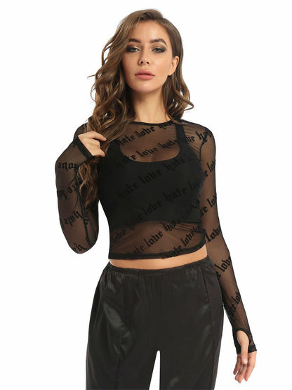Black See Through Long Sleeves T Shirt-STYLEGOING