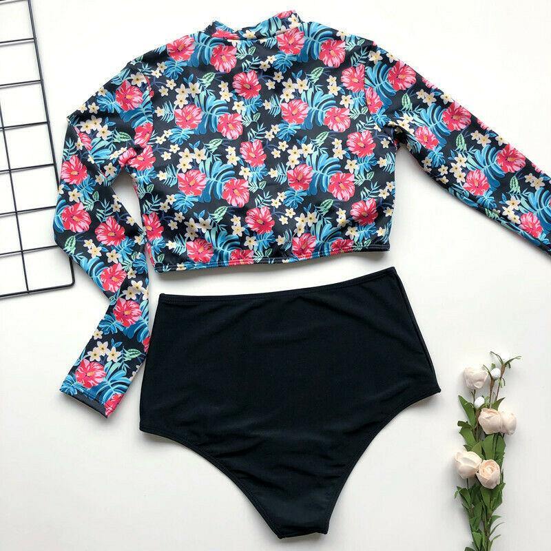 Long Sleeve High Waist Flower Zippered Swimsuit-STYLEGOING