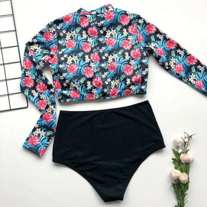 Long Sleeve High Waist Flower Zippered Swimsuit-STYLEGOING