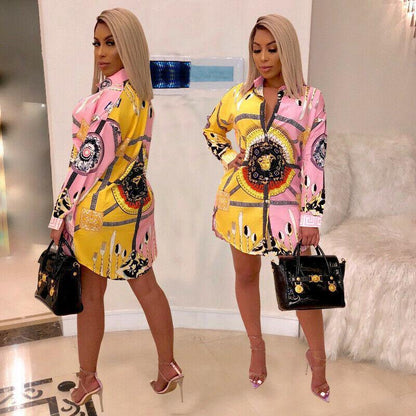 Womens Long Sleeve Mini Shirt Dress-STYLEGOING