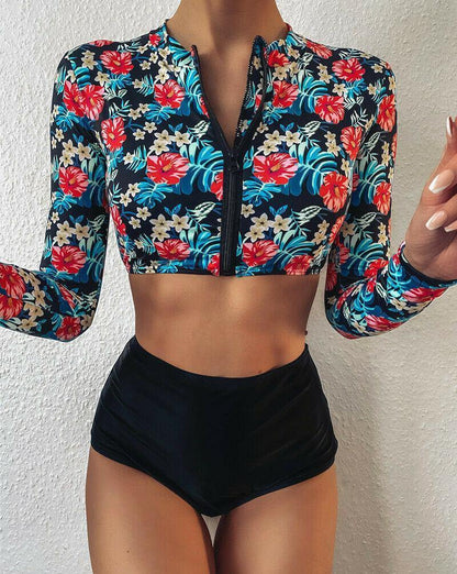Long Sleeve High Waist Flower Zippered Swimsuit-STYLEGOING