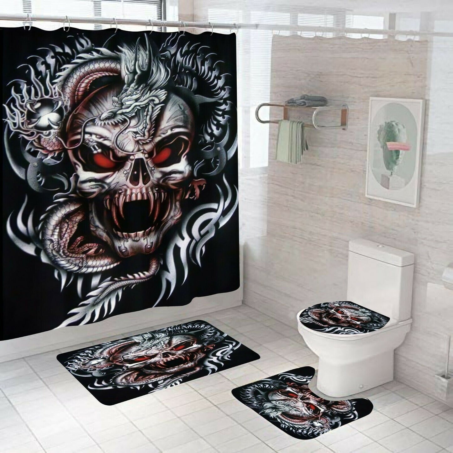 Skull Shower Curtain Set Bathroom Rug Thick Bath Mat Non-Slip Toilet Lid Cover-STYLEGOING
