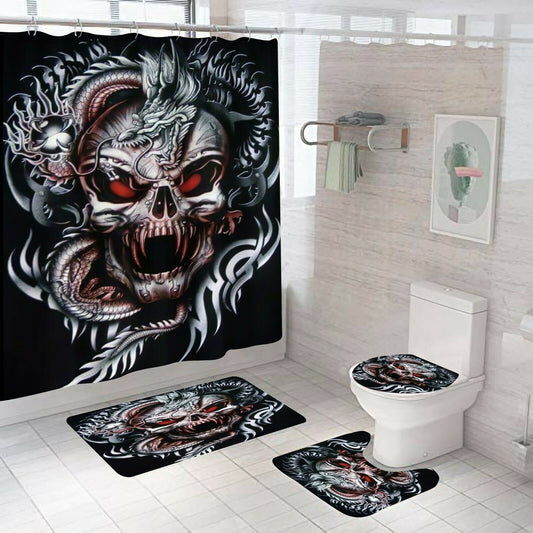 Skull Shower Curtain Set Bathroom Rug Thick Bath Mat Non-Slip Toilet Lid Cover-STYLEGOING