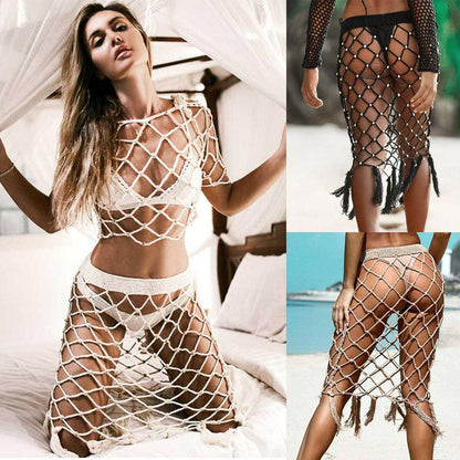 Women Summer Mesh Beach Dress Skirt Set-STYLEGOING