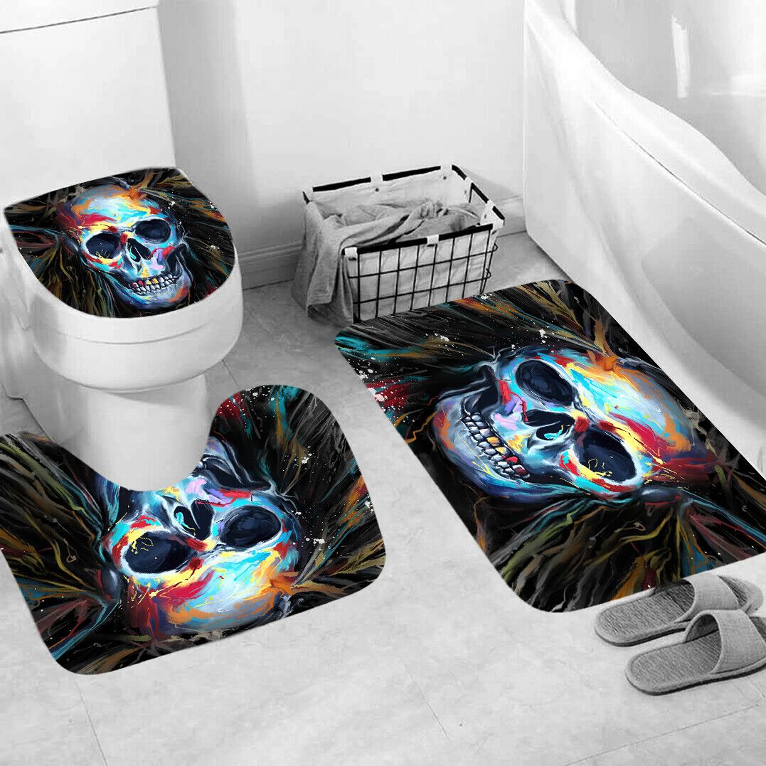 Skull Shower Curtain Bathroom Rug Set Thick Bath Mat Non-Slip Toilet Lid Cover-STYLEGOING