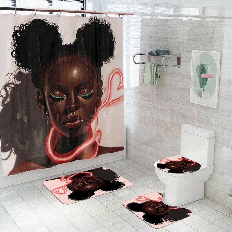 African Woman Shower Curtain Bathroom Rug Set Bath Mat Non-Slip Toilet Lid Cover-STYLEGOING