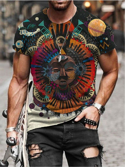 Men Print Crewneck Sleeves Ethnic Slim Fit T-shirt-STYLEGOING