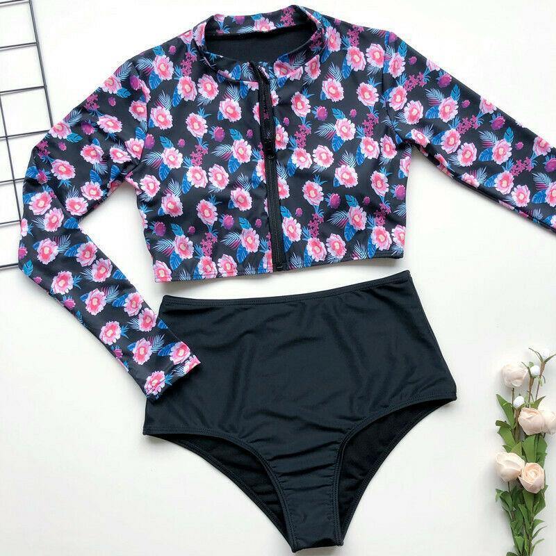 Long Sleeve High Waist Flower Zippered Swimsuit-STYLEGOING