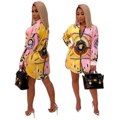 Womens Long Sleeve Mini Shirt Dress-STYLEGOING