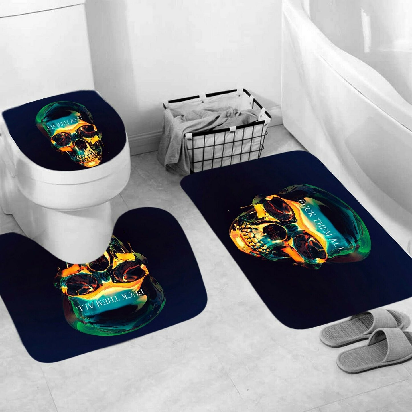 Skull Shower Curtain Set Thick Bathroom Rug Bath Mat Non-Slip Toilet Lid Cover-STYLEGOING