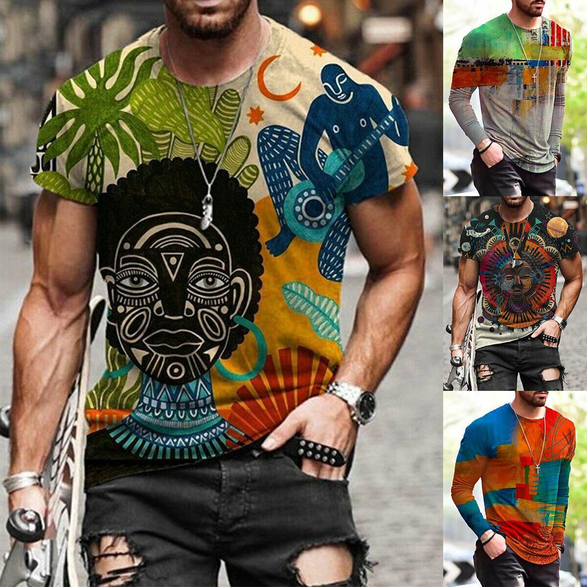 Men Print Crewneck Sleeves Ethnic Slim Fit T-shirt-STYLEGOING