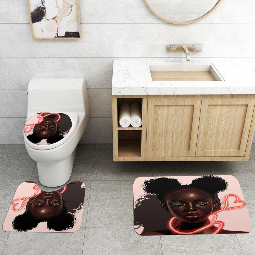 African Woman Shower Curtain Bathroom Rug Set Bath Mat Non-Slip Toilet Lid Cover-STYLEGOING
