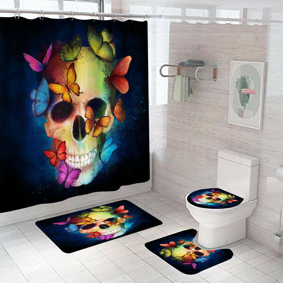 Skull Shower Curtain Set Bathroom Rug Set Bath Mat Non-Slip Toilet Lid Cover-STYLEGOING