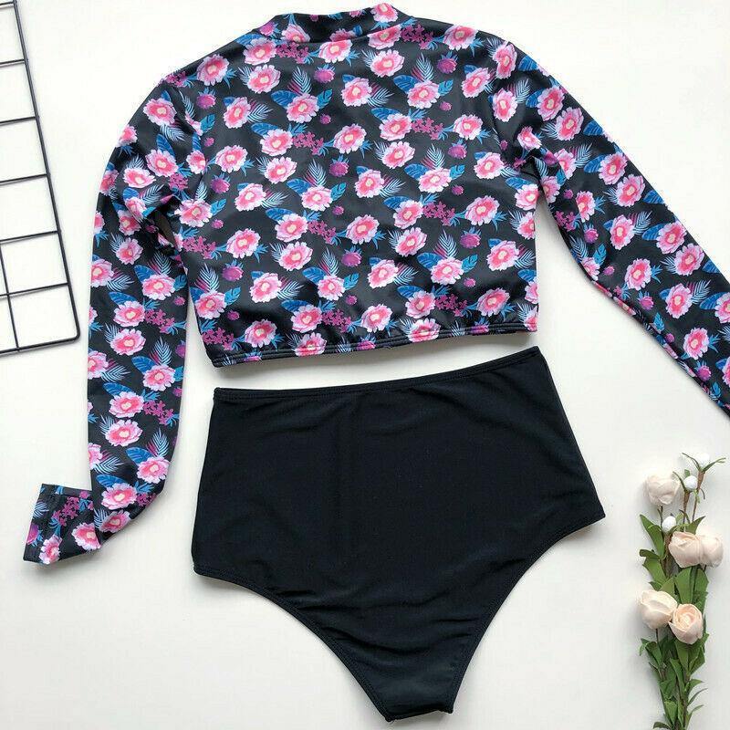 Long Sleeve High Waist Flower Zippered Swimsuit-STYLEGOING