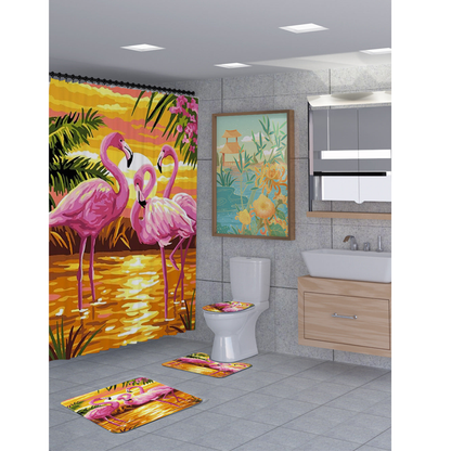3D Flamingo Shower Curtain Set Bathroom Rug Bath Mat Non-Slip Toilet Lid Cover